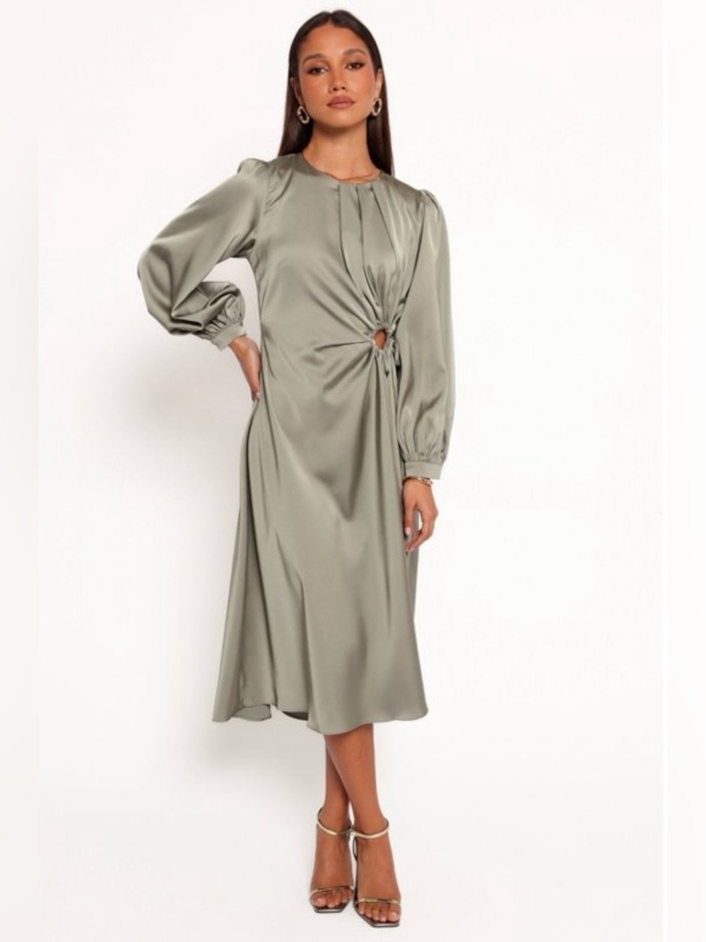 NWT Petal & Pup small olive green Windsor balloon sleeve midi cocktail dress